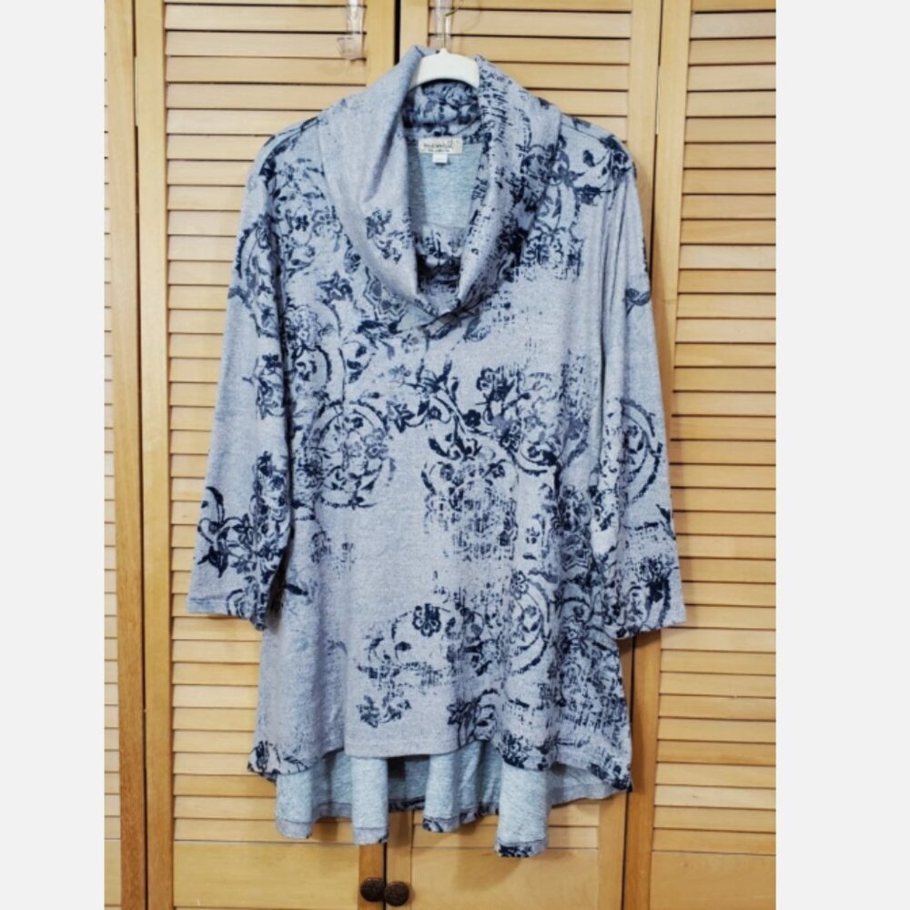 One World Gray Print Cowl Neck Sweater Tunic S